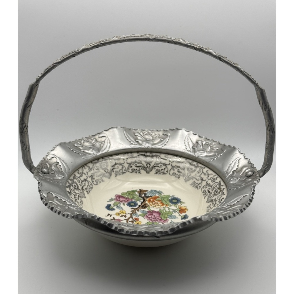 Vintage 1950's Farber & Shlevin Porcelain & Hammered Aluminum Basket Indian Tree